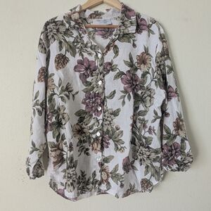 Hot Cotton Womens Button-Front Long-Sleeve Linen Blouse, Floral Print, Size 1X